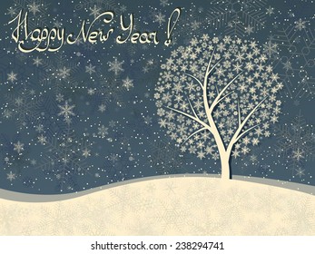 Horizontal vector Christmas greeting card of winter tree from snowflakes with congratulation.