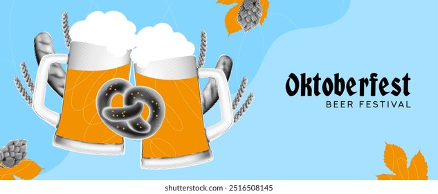 Colagem vetorial horizontal para ilustração Oktoberfest Vetor com elementos Oktoberfest de meio-tom para banners de decoração, folhetos, mídia social, anúncios, evento, feriados. Fundo festivo.