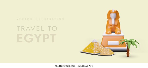 Horizontal vector concept for travel agency. Advertising trip to Egypt. Excursions to pyramids, Sphinx. Holidays full of impressions. Template with 3D figures in plasticine style