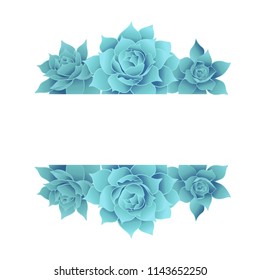 Horizontal vector design banner of succulents. Rosetta echeveria turquoise succulents making a frame, isolated on white background. Floral illustration for design, greeting cards, wedding invitations,