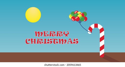 horizontal vector design for Christmas season with a red and white candy stick and balloons tight to it outside a sunny day. merry Christmas 