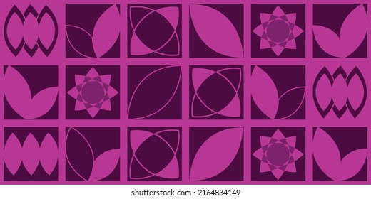 A horizontal vector design with geometric shapes and a purple color in different shades