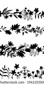 Horizontal vector design of summer flowers and herbs seamless vector on a white background. Summer field. Hand drawn stock illustration. Design for frame, tablecloth, postcard, fabric, paper.