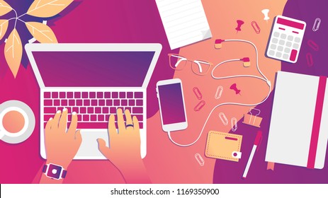 horizontal vector desktop with hands on laptop, with flowers, stationery, phone and smart watch on hands