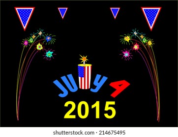 Horizontal vector drawing of July 4 2015 celebration banner, on black.