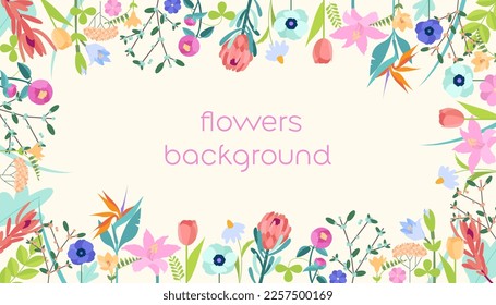 Horizontal vector flat illustration depicting peony tulip freesia protea strelitzia anemone of bright blooming flowers and green leaves isolated on light background. Spring, summer website banner page