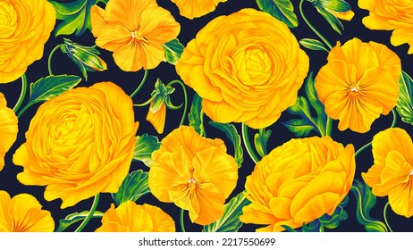 Horizontal vector floral background. Yellow flowers on dark background. Buttercups, ranunculus, pansies, Viola realistic plants drawn by hand for your design, wallpaper, postcards, posts banners 