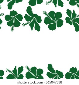 Horizontal vector floral with copy space (place for your text). Various hibiscus hawaiian tropical flowers in green colors on a white background.
