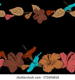 Horizontal vector flower illustration. Seamless floral pattern with place for your text and brown, pink and blue hibiscus flowers. Vector illustration. Seamless pattern with floral motif.