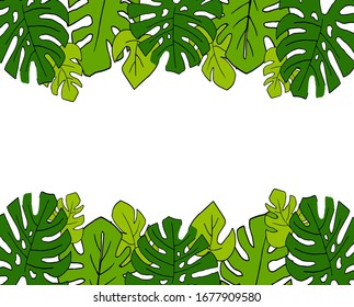 Horizontal vector frame made of monstera leaves. Frame of tropical leaves. Doodle style.  Modern decor.For postcards, invitations, weddings and design.