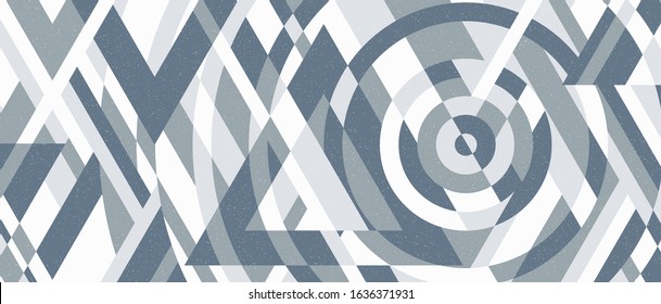 Horizontal vector geometric banner. Stylish abstract retro background. Soft pastel colors. Grainy texture effect. Colorful modern pattern with squares,triangles, and rounds. Template for printing.