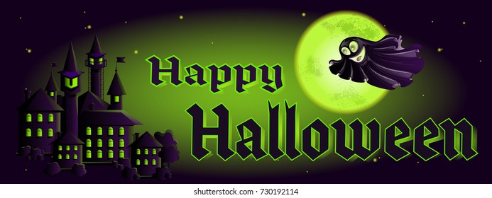 A horizontal vector greeting card for Halloween with a fairy city, moon, starry sky and a flying black ghost. On a magical green luminous background.