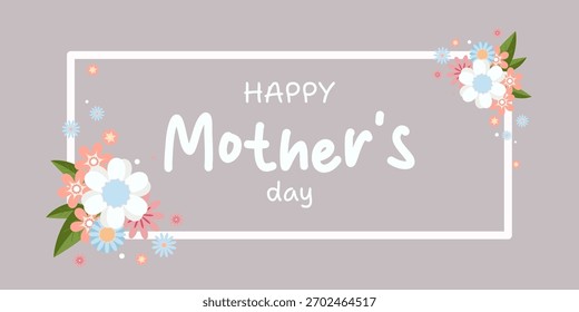 Cartão vetor horizontal em um fundo pastel cinza macio decorado com flores de primavera frescas e folhas delicadas. Texto Feliz Dia das Mães.