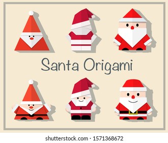 A horizontal vector greeting card with six miniature origami Santa Сlaus figures made of white and red paper folded in triangle and square shapes all put in a purple frame against light cream-colored 