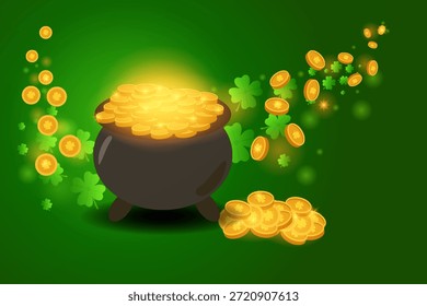 Tarjeta de felicitación de Vector Horizontal para el día de San Patricio con fondo verde, olla brillante llena de monedas de oro, trébol de cuatro hojas volador, trébol monedas en fondo Espacio de copia limpio para texto personalizado.