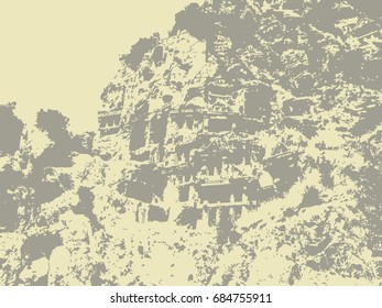 the horizontal vector grunge texture. ancient Lycian tombs in the rock. background illustration for design