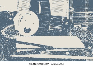 the horizontal vector grunge texture. background image. the mess on the table and manholes. beige - blue color