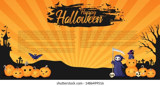 Horizontal vector Halloween Banner. Landscape with dark silhouette of house, tree, graveyard.  and bats with pumpkins, skull and grim reaper and text happy halloween with grunge paint.