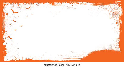 Horizontal, Vektorgrafik, Halloween, Banner, Hintergrund mit orangefarbener Grunge, Spinnennetz