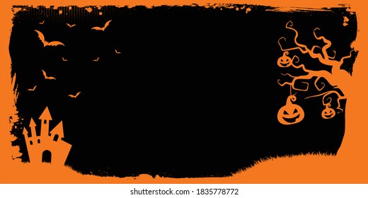 The horizontal vector Happy Halloween banner background template with orange grunge border, bat, pumpkin 