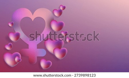 Horizontal Vector Header with 3D Venus Symbol and Hearts. Spring Festive Background for 8 March and Women's Day Celebration with Copy Space.