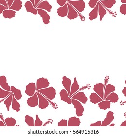 Horizontal vector hibiscus flower seamless pattern in pink colors on a white background with copy space (place for your text).