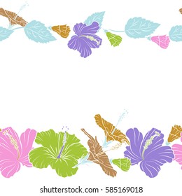 Horizontal vector hibiscus flower seamless pattern in pink, violet and yellow colors on a white background with copy space (place for your text).