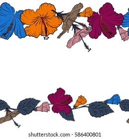 Horizontal vector hibiscus flower seamless pattern in pink, purple and blue colors on a white background with copy space (place for your text).