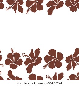 Horizontal vector hibiscus flowers and buds retro seamless pattern illustration with copy space (place for your text) in brown colors on a white background.