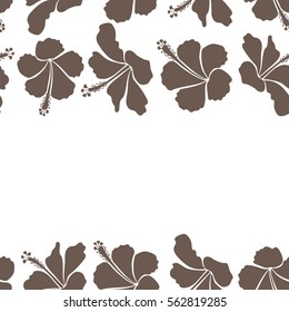 Horizontal vector hibiscus flowers and buds retro seamless pattern illustration with copy space (place for your text) in brown colors on a white background.