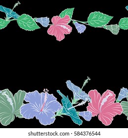 Horizontal vector hibiscus flowers and buds retro seamless pattern illustration with copy space (place for your text) in green, blue and pink colors on a black background.