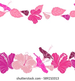 Horizontal vector hibiscus flowers and buds retro seamless pattern illustration with copy space (place for your text) in purple, magenta and pink colors on a white background.