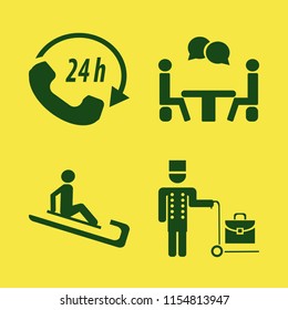 horizontal vector icons set. with bellhop, man riding sleigh, call center and talking people in set