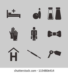 horizontal vector icons set. with black bow tie, bowling ball pin, hospital bed and rolling pin in set