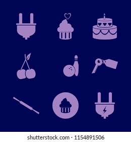 horizontal vector icons set. with plug, rolling pin, cupcake and key tag in set