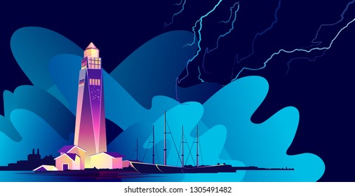 Horizontal vector illustration, abstract banner, concept, Lighthouse in bad weather, huge waves, in retro style, template for a design, marine storm theme