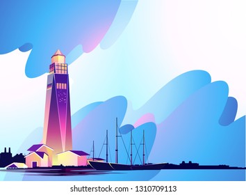 Horizontal vector illustration, abstract banner, concept, Lighthouse in bad weather, huge waves, in retro style, template for a design, marine storm theme