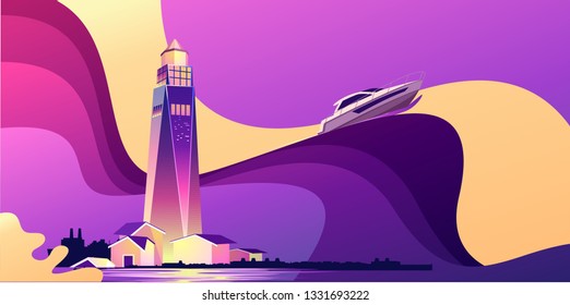 Horizontal vector illustration, abstract banner, concept, Lighthouse in bad weather, huge waves, in retro style, template for a design, marine storm theme