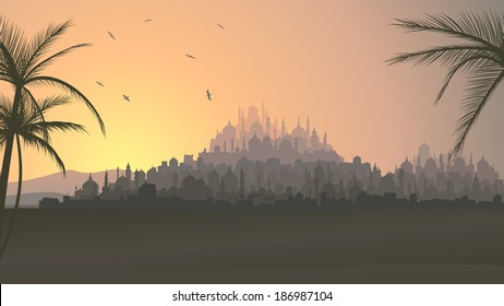 Horizontal vector illustration of ancient Middle Eastern city with mosques at sunset.
