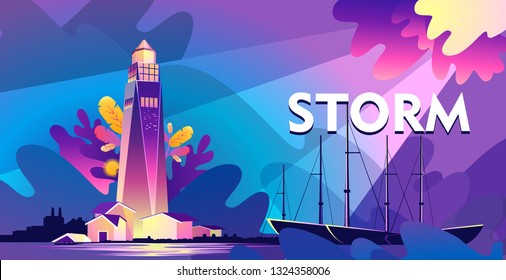 Horizontal vector illustration, banner, concept, Lighthouse in bad weather, huge waves, in retro style, template for a design, marine storm theme, Abstract ultraviolet background, divided into details