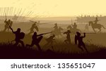 Horizontal vector illustration of battle fighting swordsmen, spearmen and cavalry in the battle field.