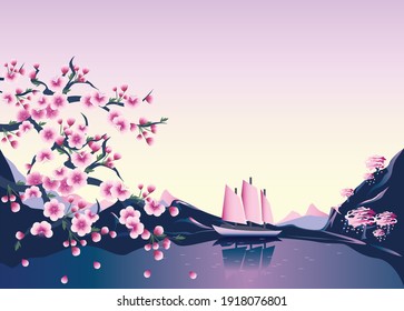 Horizontal vector illustration of a beautiful spring landscape with cherry blossoms, mountains and a sailboat on a lilac background. Background for a spring card or poster.