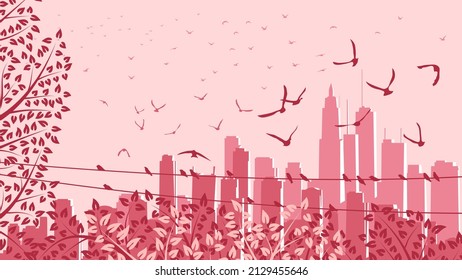 Horizontal vector illustration of big city and skyscrapers with trees and flocks of birds (in pink tone).