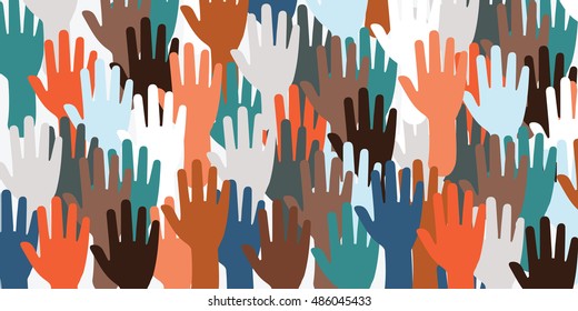 horizontal vector illustration for big number of hands voting and waving for election concert or meeting as website banner background