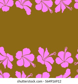 Horizontal Vector illustration. Bright hawaiian design with copy space (place for your text) and vector tropical plants (brown and pink hibiscus flowers).