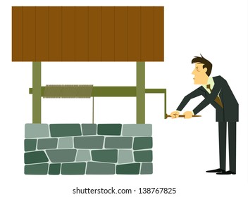 A horizontal vector illustration of a businessman getting water from an old fashioned well for any business and labor concept
