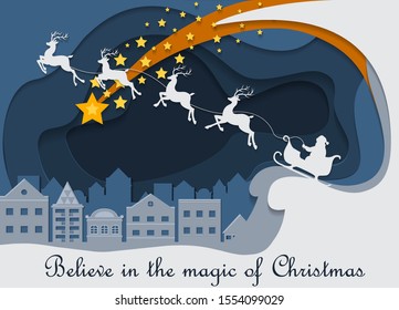 A horizontal vector illustration Christmas card with a paper cut silhouette of Santa riding a four deer sleigh over the flat buildings against layers of dark background and a bright yellow falling sta