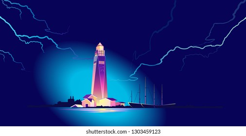 horizontal vector illustration, conceptual banner, night lighthouse beam points to dangerous areas, for safe navigation of passing ships bad weather, storm, lightning