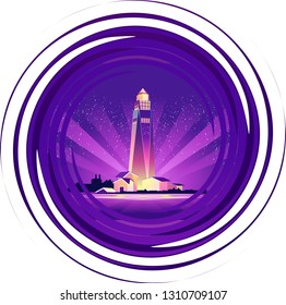 horizontal vector illustration, conceptual banner, night lighthouse beam points to dangerous areas, for safe navigation of passing ships