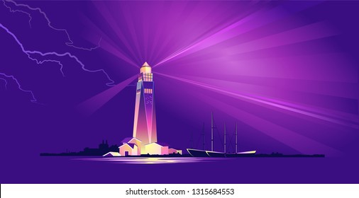 horizontal vector illustration, conceptual banner, night lighthouse beam points to dangerous areas, for safe navigation of passing ships bad weather, storm, lightning